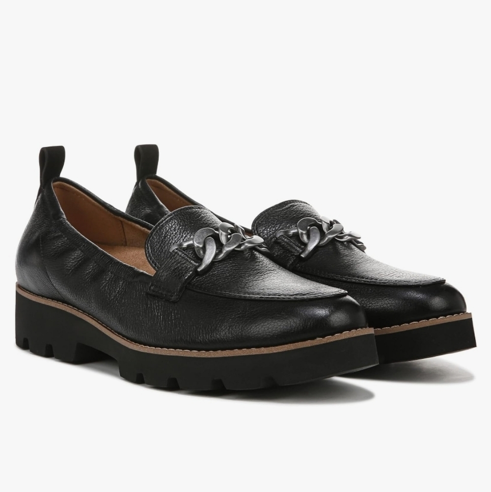 Vionic Black Leather Cynthia  Loafers with Silver Chain, NWOT